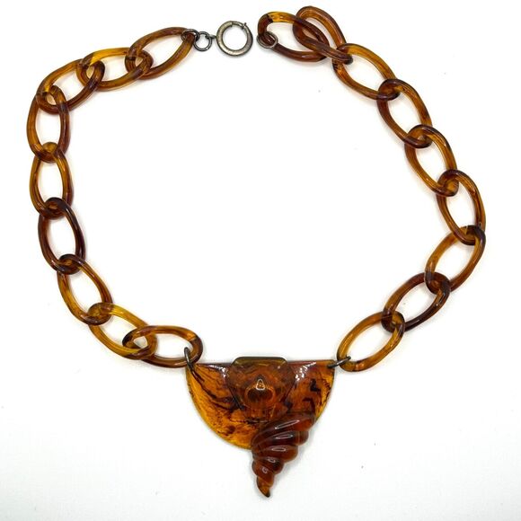 Vintage Art Deco Bakelite Amber-Colored Chain Necklace Bold Abstract Pendant - Picture 1 of 5